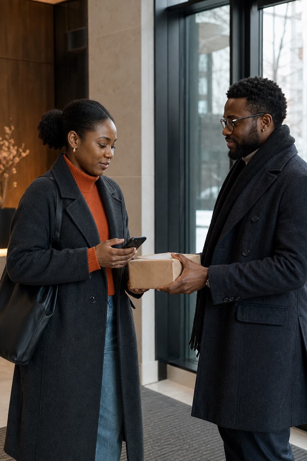 Two community members coordinating a personal parcel handoff in a Toronto residential lobby